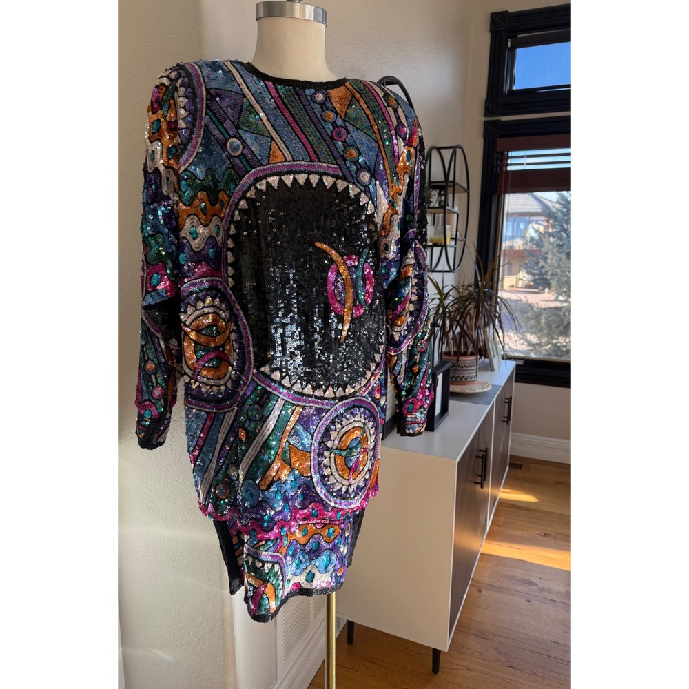 Judith Ann Creations Vintage Sequin Wearable Art Deco Mini Statement Dress Silk - Picture 2 of 16